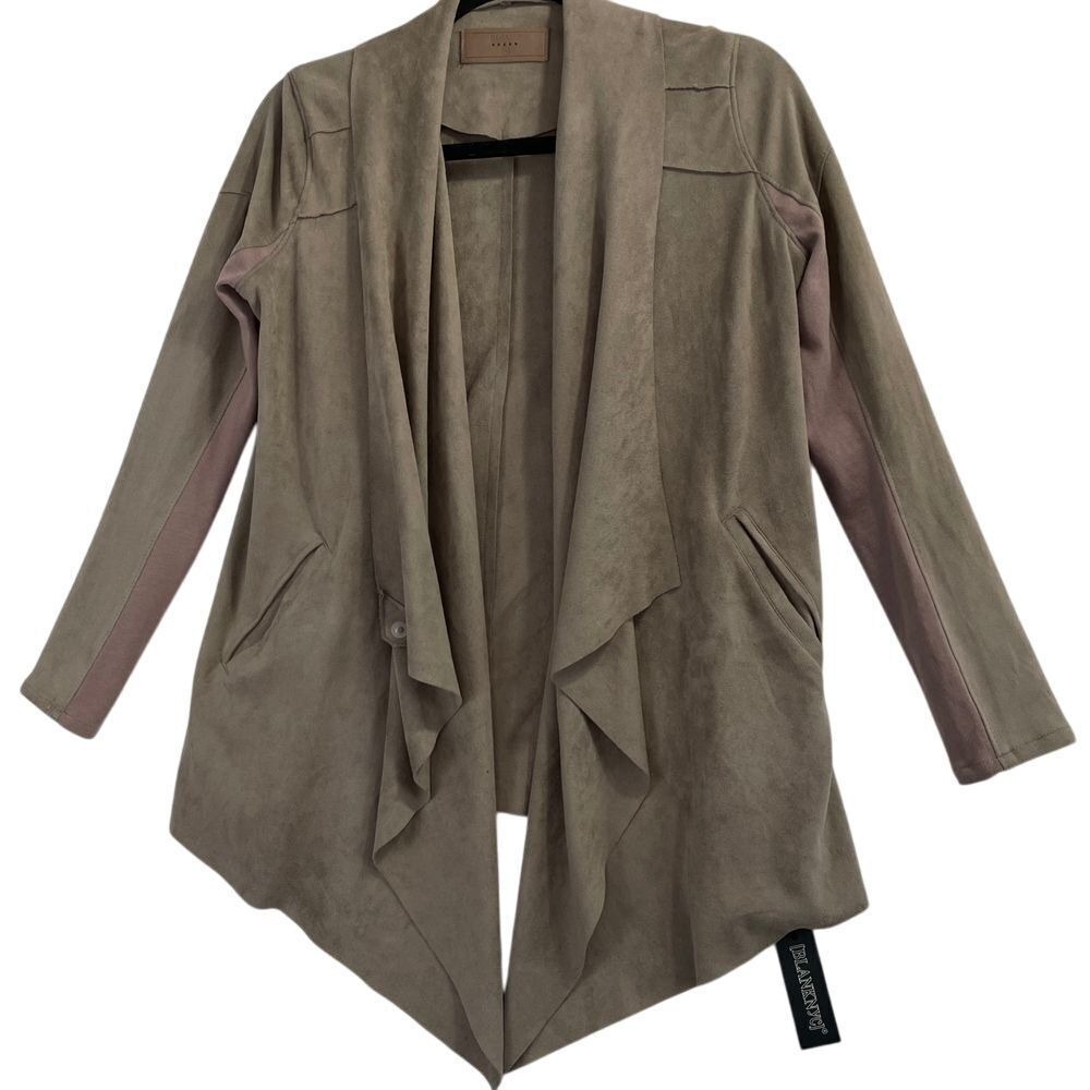 Blank NYC Drape Front Jacket XS Faux‎ Suede Taupe Open Cardigan Women Pockets